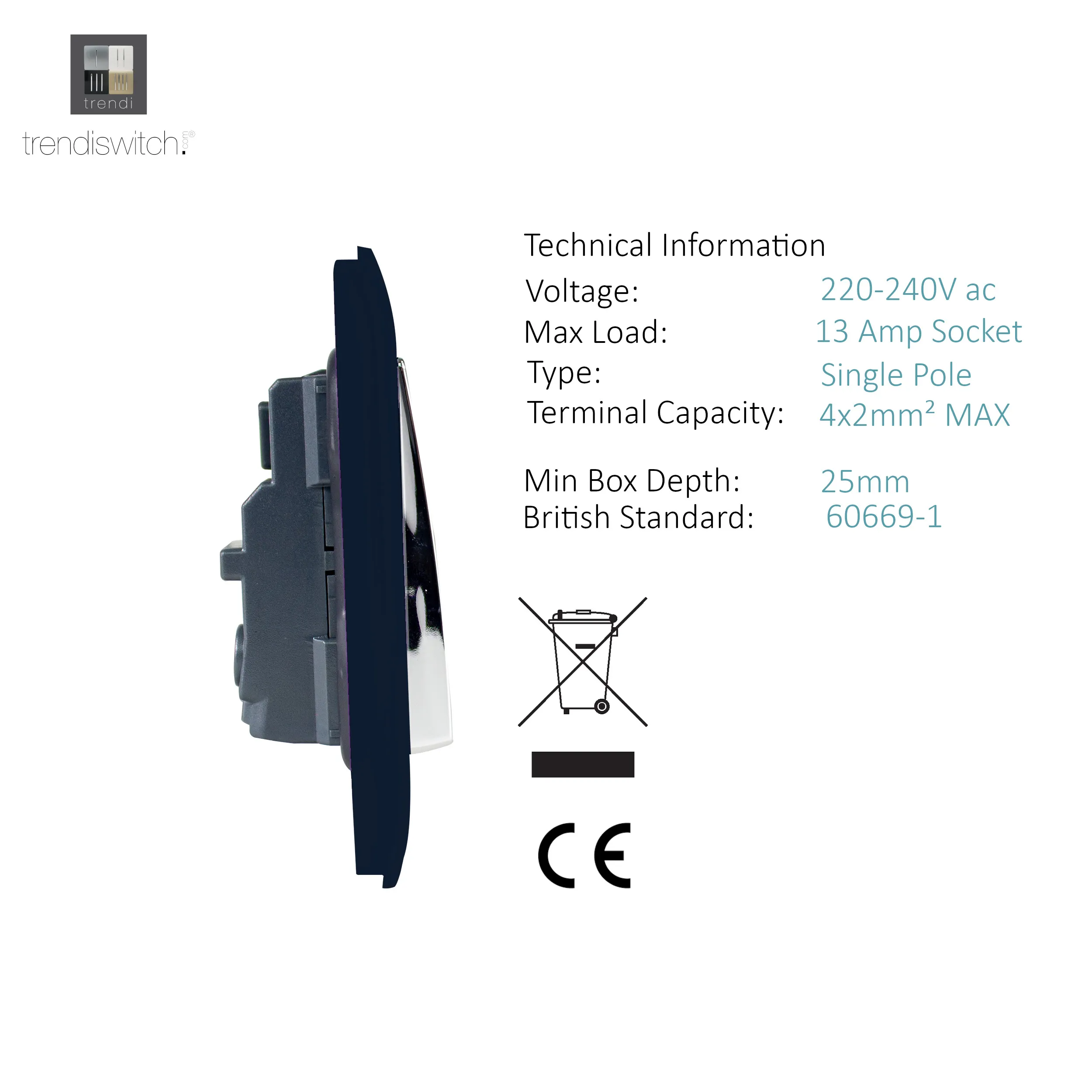 2 Gang 13Amp Long Switched Double Socket Navy Blue ART-SKT213LNV  Trendi Navy